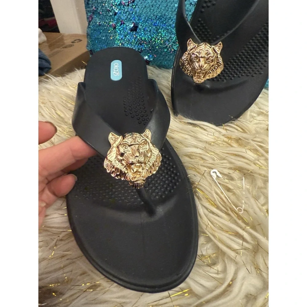 New Okab Black Licorice Gold Lion Head Rubber Flip Flop Thong Sandals Womens M/L